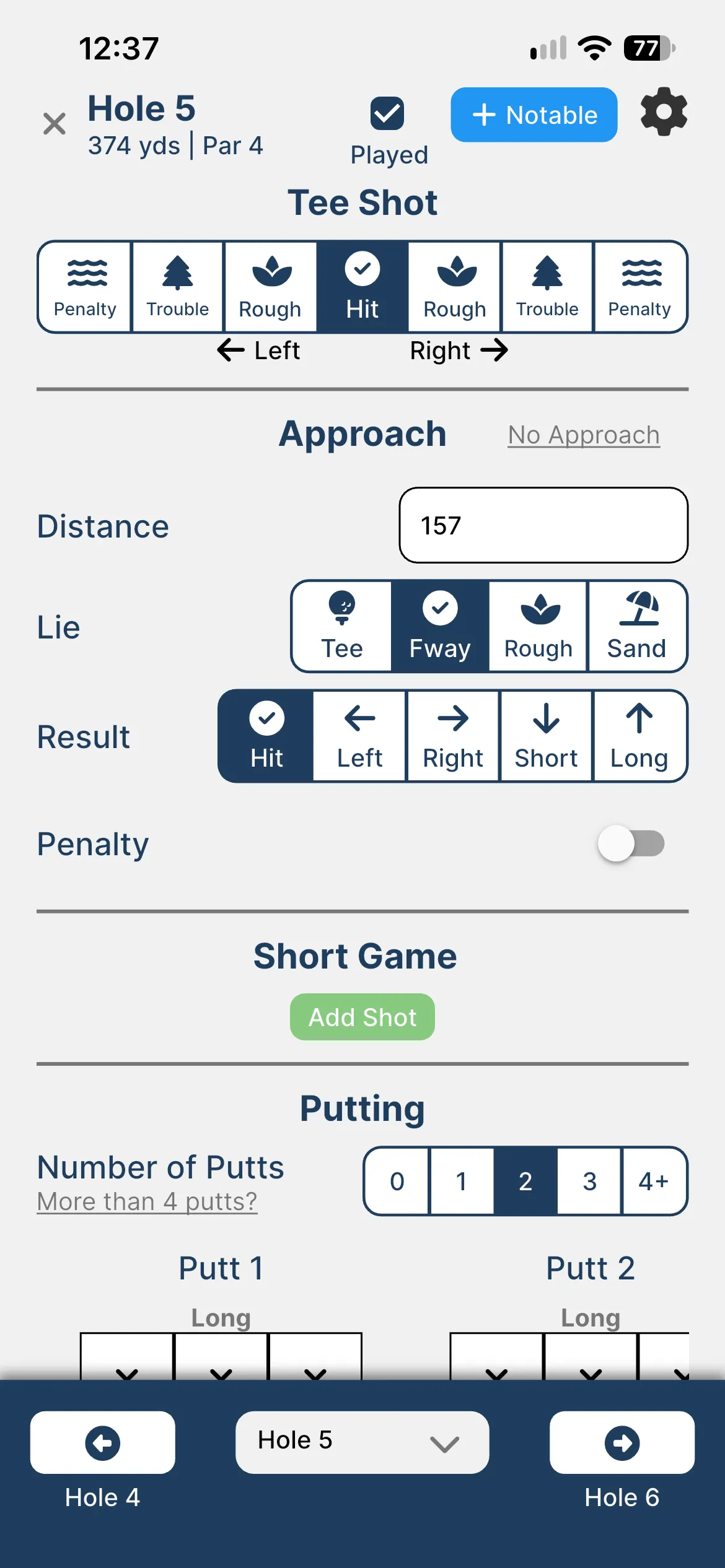 Round entry on a phone, part way through a round, showing one hole being entered.