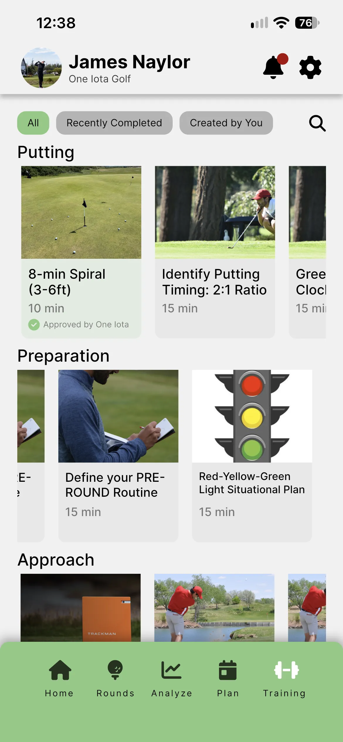 The drill library, with a drill recommended from the athlete's stats and the drill schedule in view.