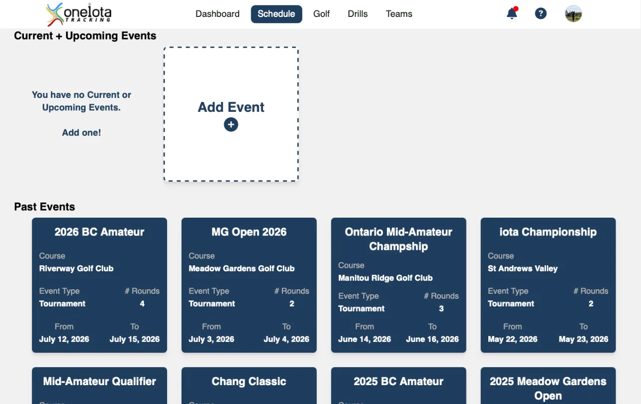 The Events screen, listing an athlete's past tournaments with course, number of rounds and dates.