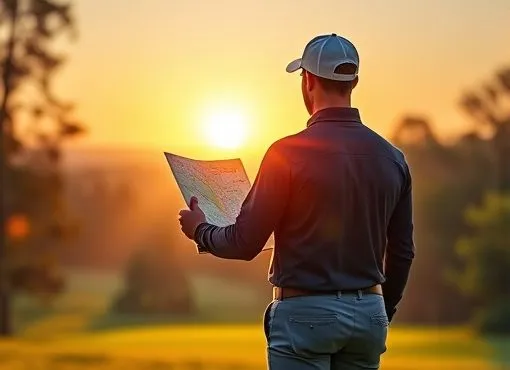 A golfer reading a map at sunrise.