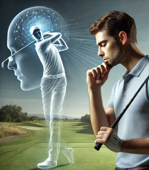 Illustration of a golfer picturing a swing before playing it.