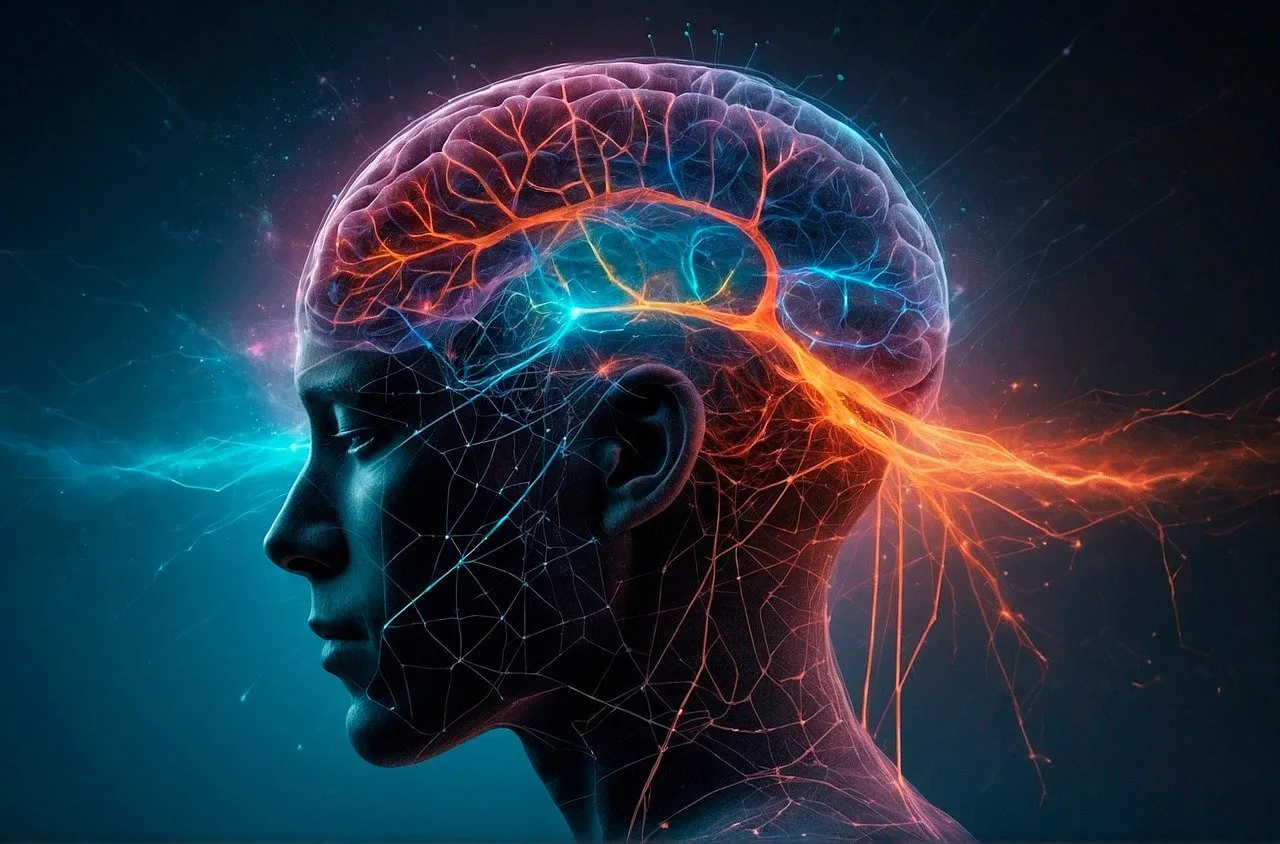 Illustration of a head with the brain lit up.